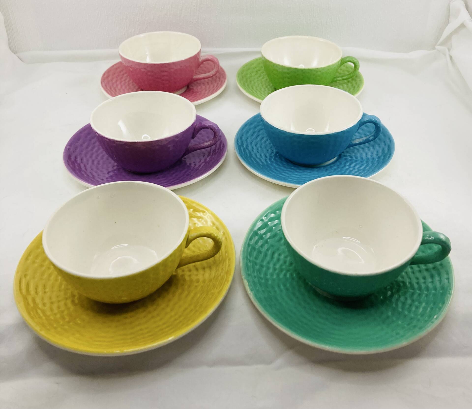 6 Vintage Cups and 6 Saucers Digoin Sarreguemines Basket Model