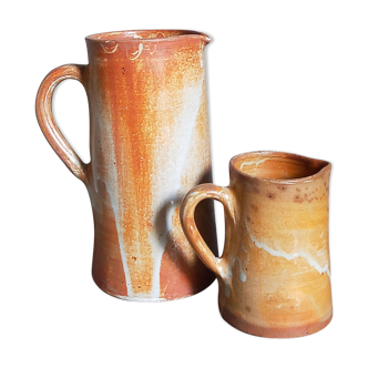 Duo of vintage glazed stoneware potter's pitchers
