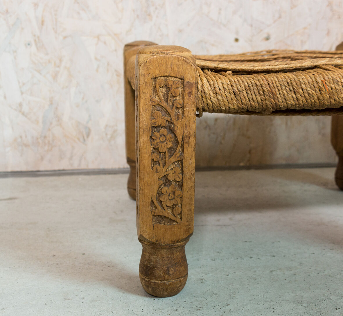 Ethnic teak and rope tabouret