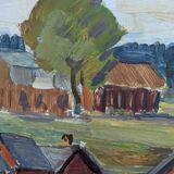 Mid-Century Modern "Lake Houses" Swedish Vintage Landscape Oil Painting, Framed