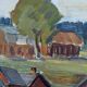 Peinture à l’huile de paysage vintage suédoise « maisons de lac » moderne du milieu du siècle, encadrée