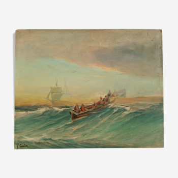 Fishing boat in the Mediterranean, oil by François Gautier