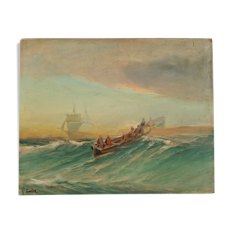 Fishing boat in the Mediterranean, oil by François Gautier