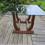 Table basse Art déco en verre, bois et laiton