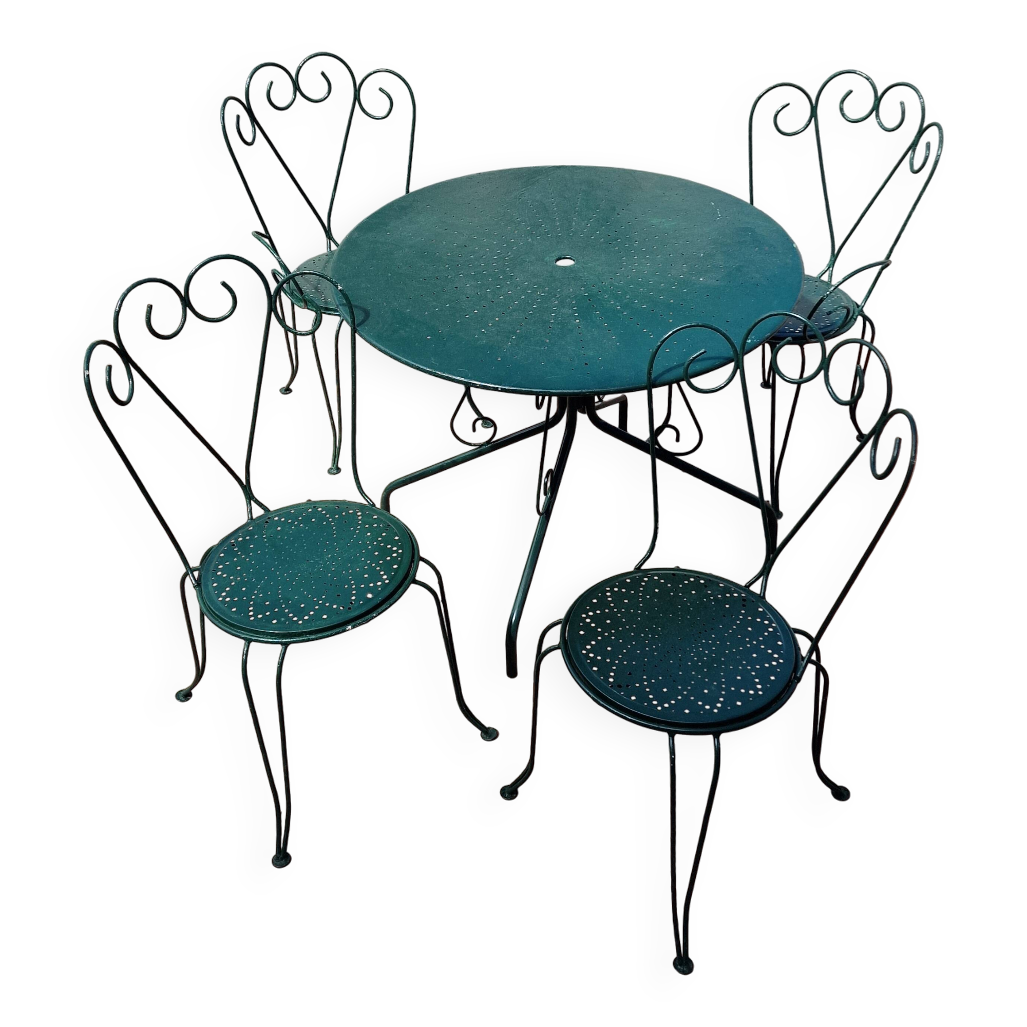Salon de jardin en fer vert (1 table + 4 chaises)
