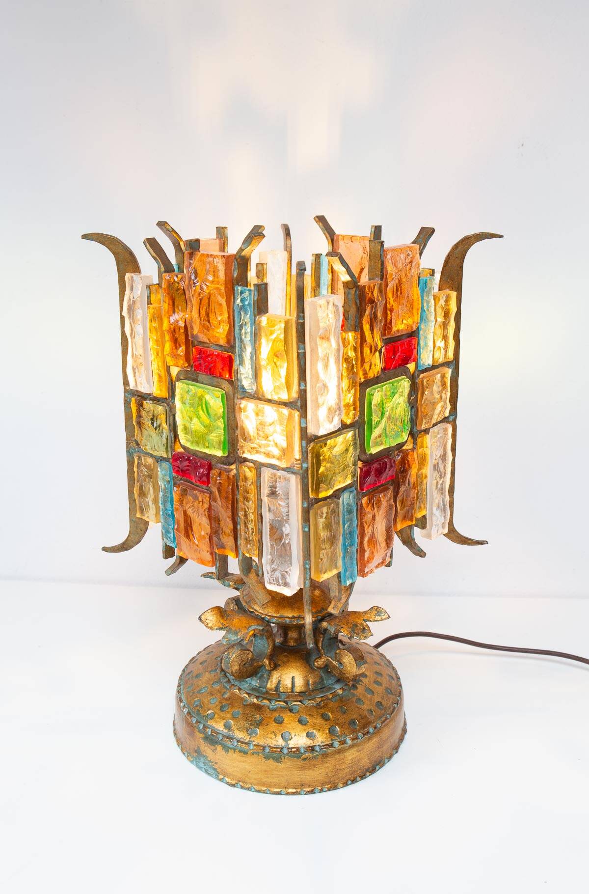Lampe de table italienne fer forgé et verre de Murano par Longobard, 1908s
