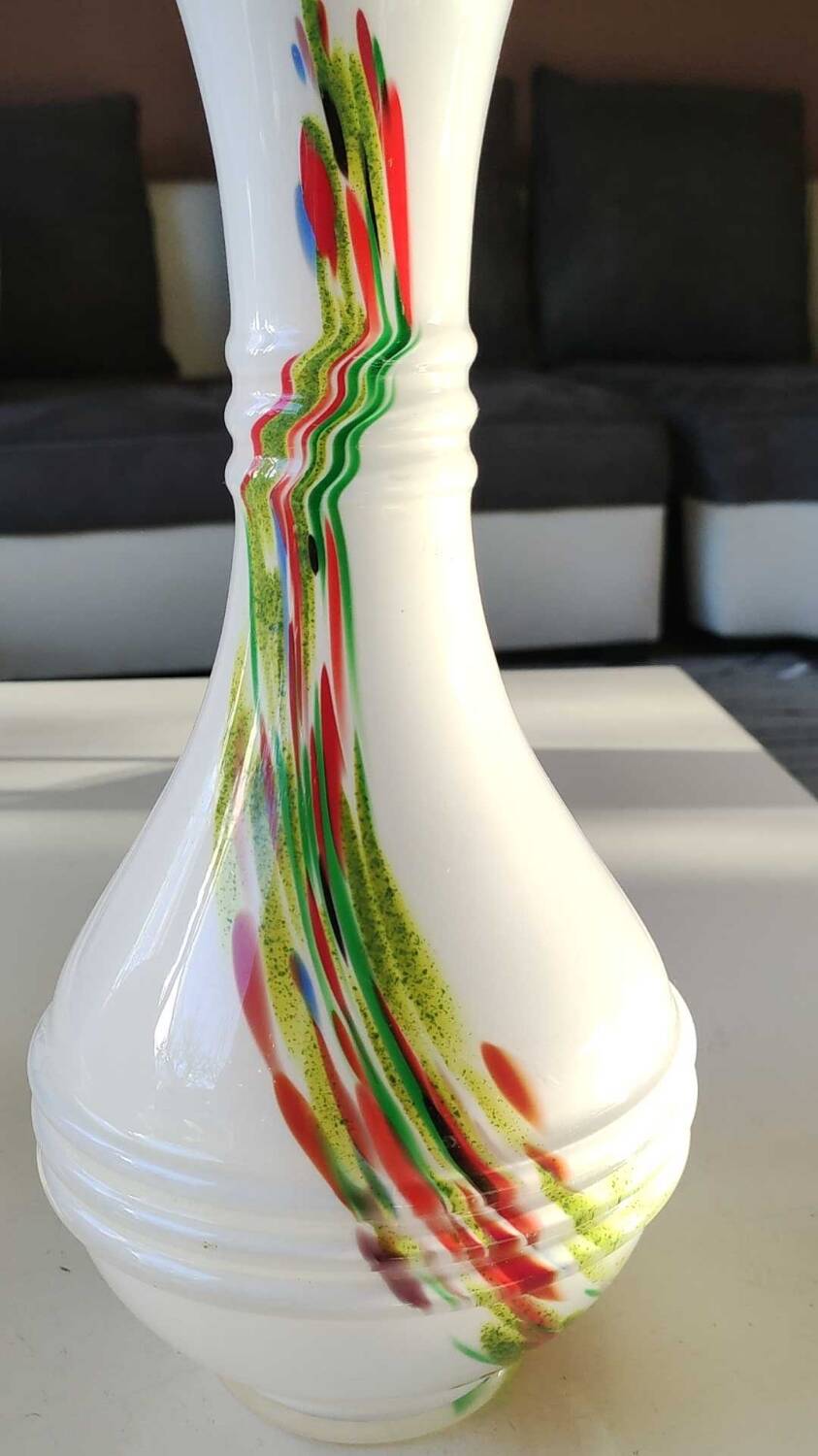 Blown Murano/White Opaline Art glass vase, polychrome smoke scroll inclusions. 28.5 x 14 cm