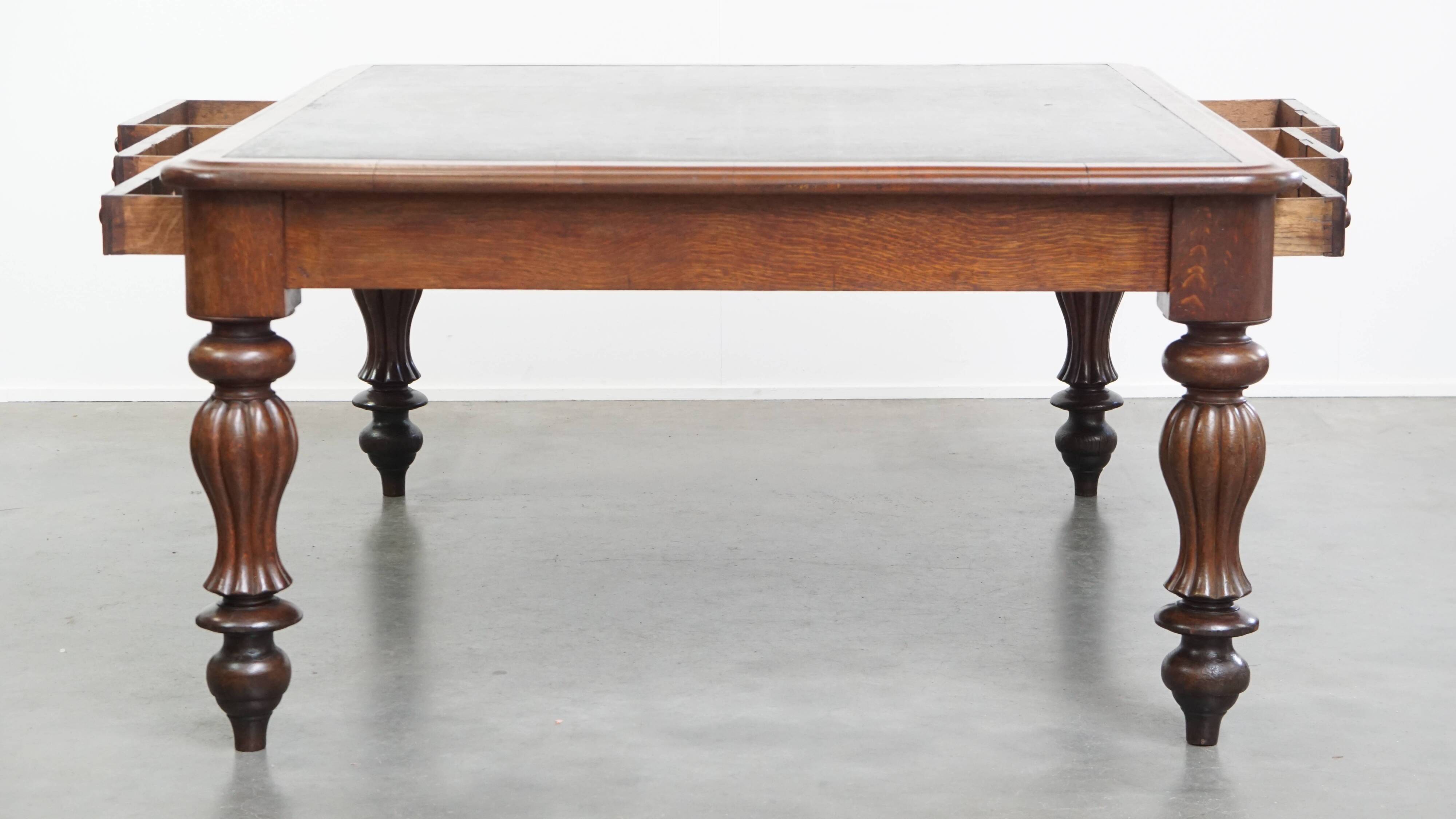 Antique English Oak Writing Desk / Partner Desk with a Leather Top