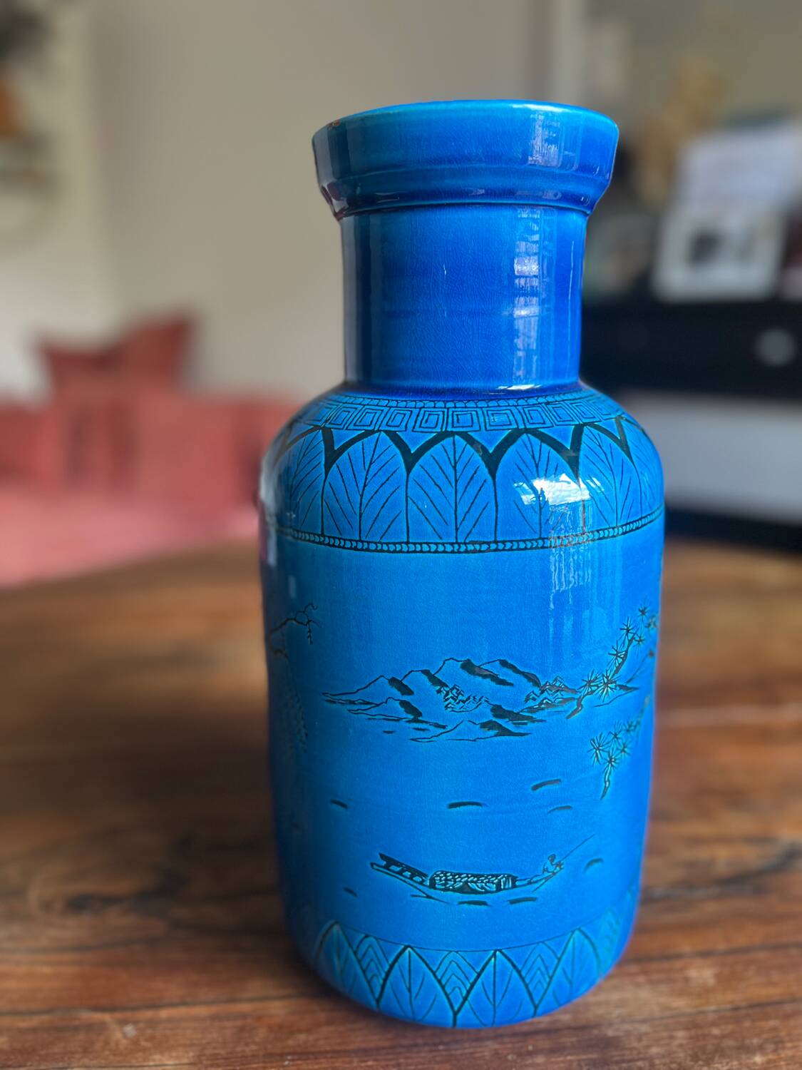Large blue ceramic vase with Chinese motifs
