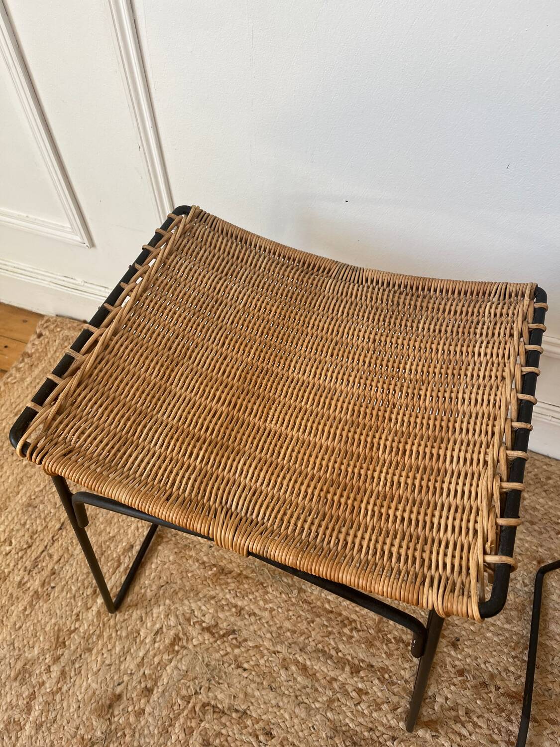 Pair of Raoul Guys stools for Airborne in wicker 1950