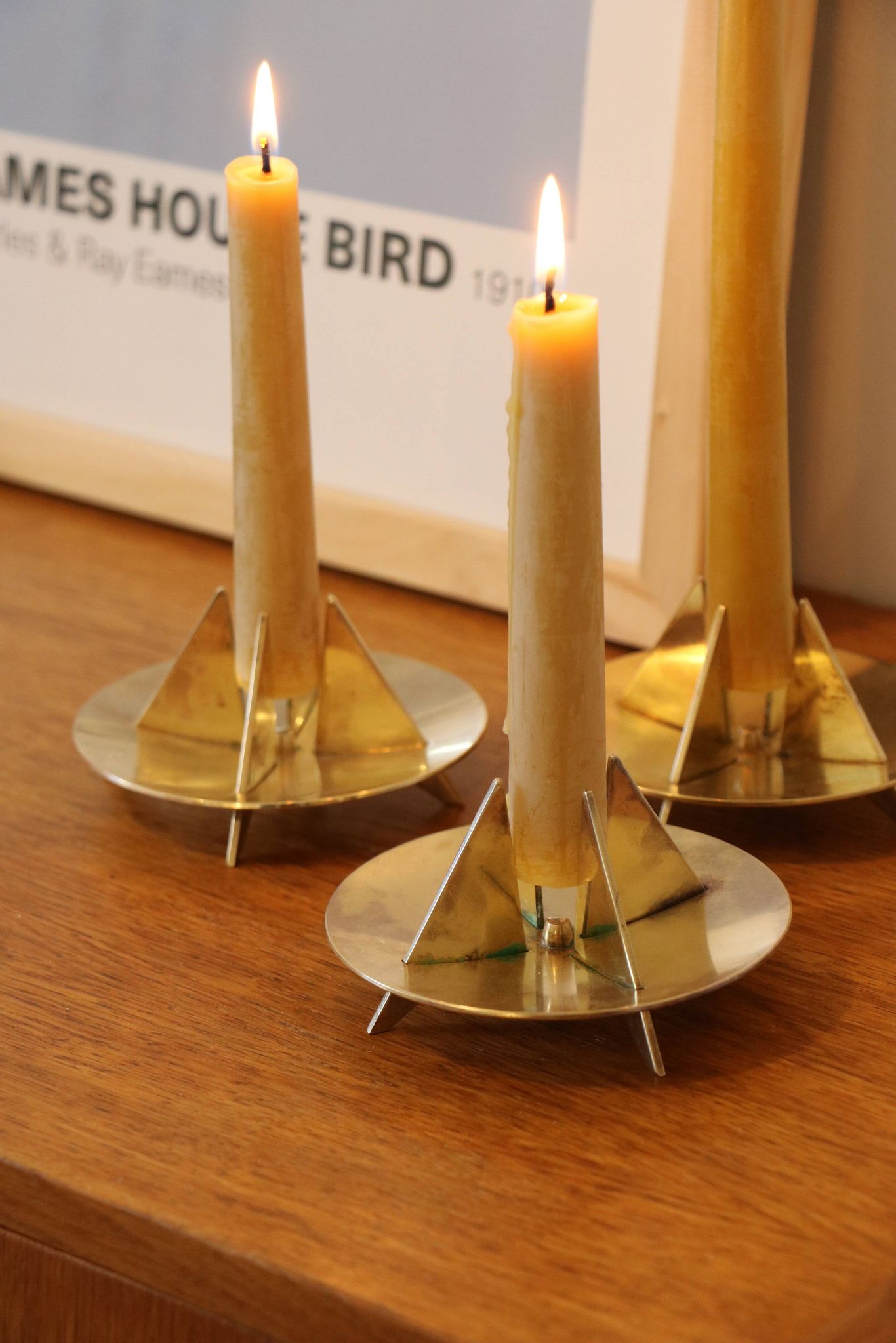 Scandinavian trio of candlesticks in brass by Pierre Forsell for Skultuna.