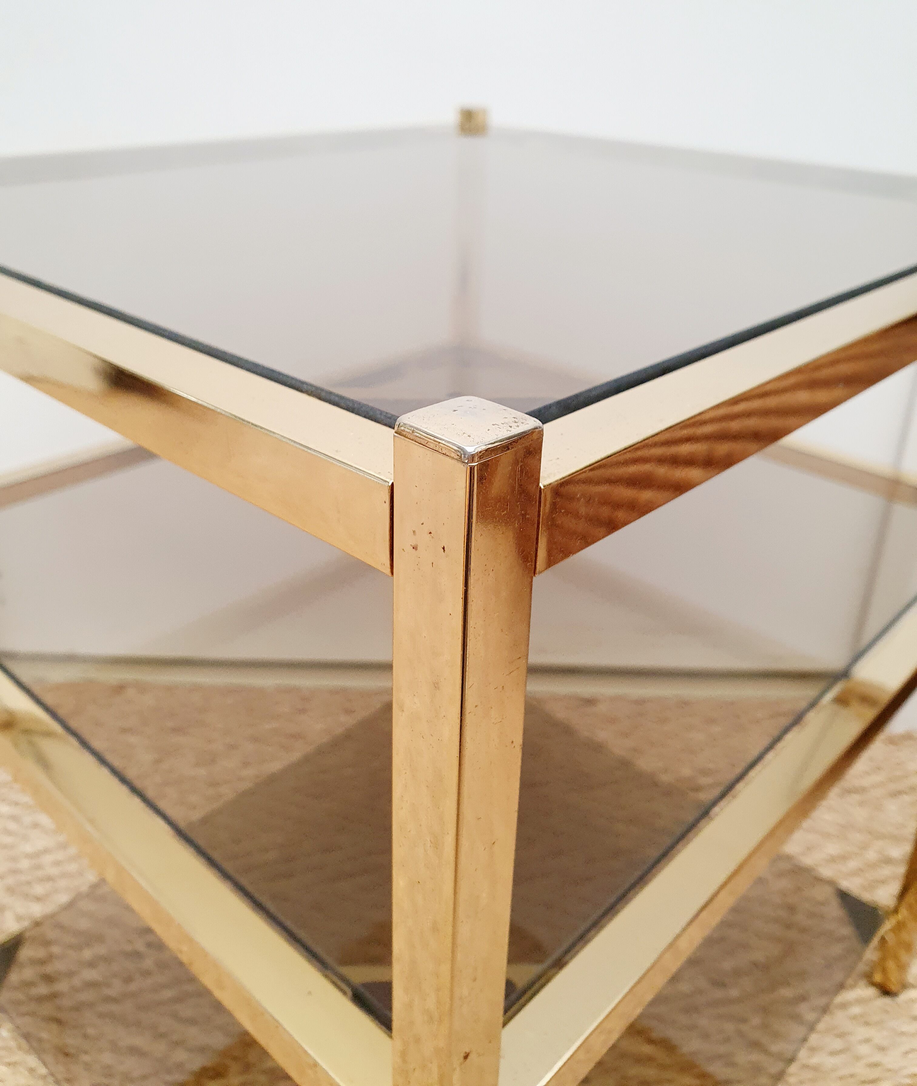 Side table gilded metal and smoked glass
