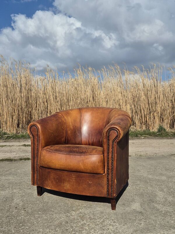 Fauteuil club vintage en peau de mouton cognac Joris