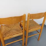 Set of 4 vintage brutalist chairs in light wood and straw from the 70s