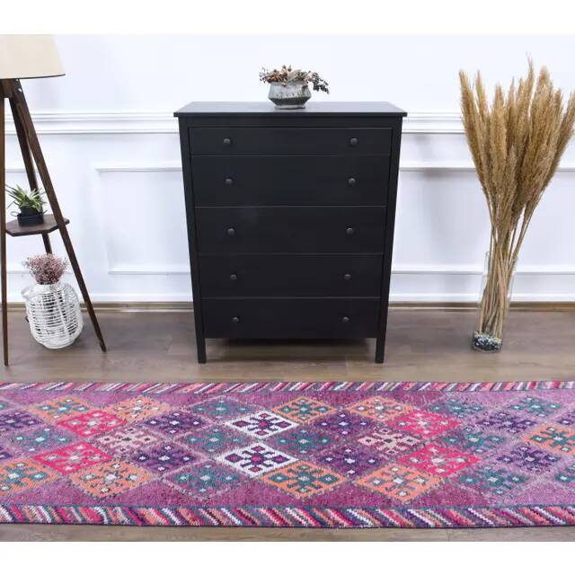 1970s Turkish Handmade Wool Diamond Pink Purpler Runner Rug 77x392