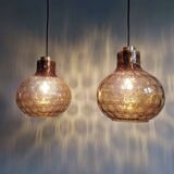 Pair of honeycomb smoked glass pendants, Glasshütte Limburg, 1970