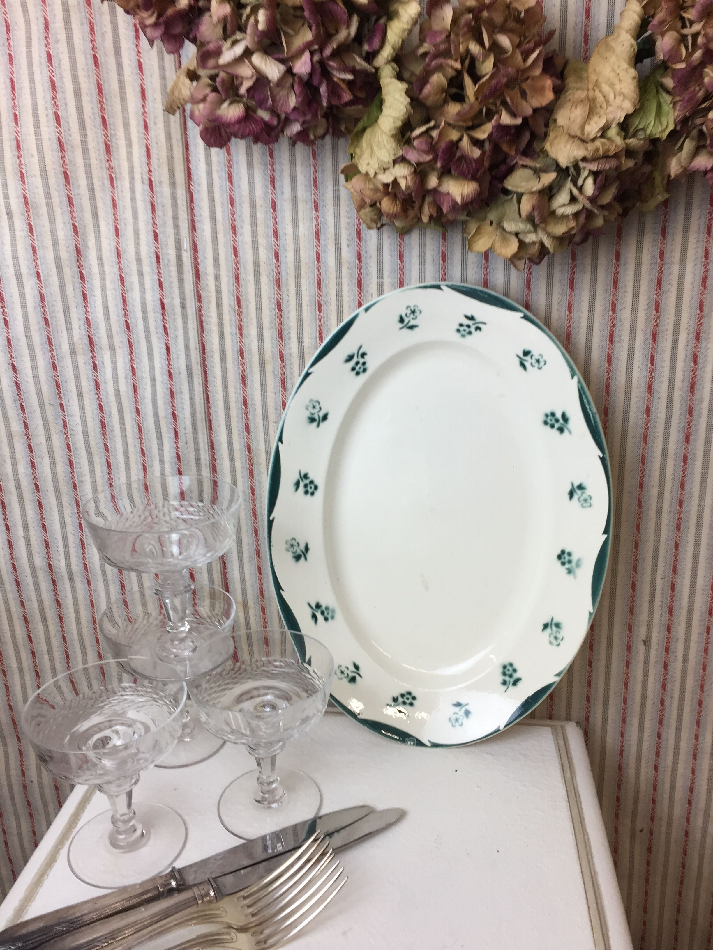 Antique oval dish made in France Digoin Sarreguemines, green flower decoration