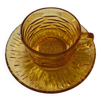 Set of Vereco cups and saucers, amber glass