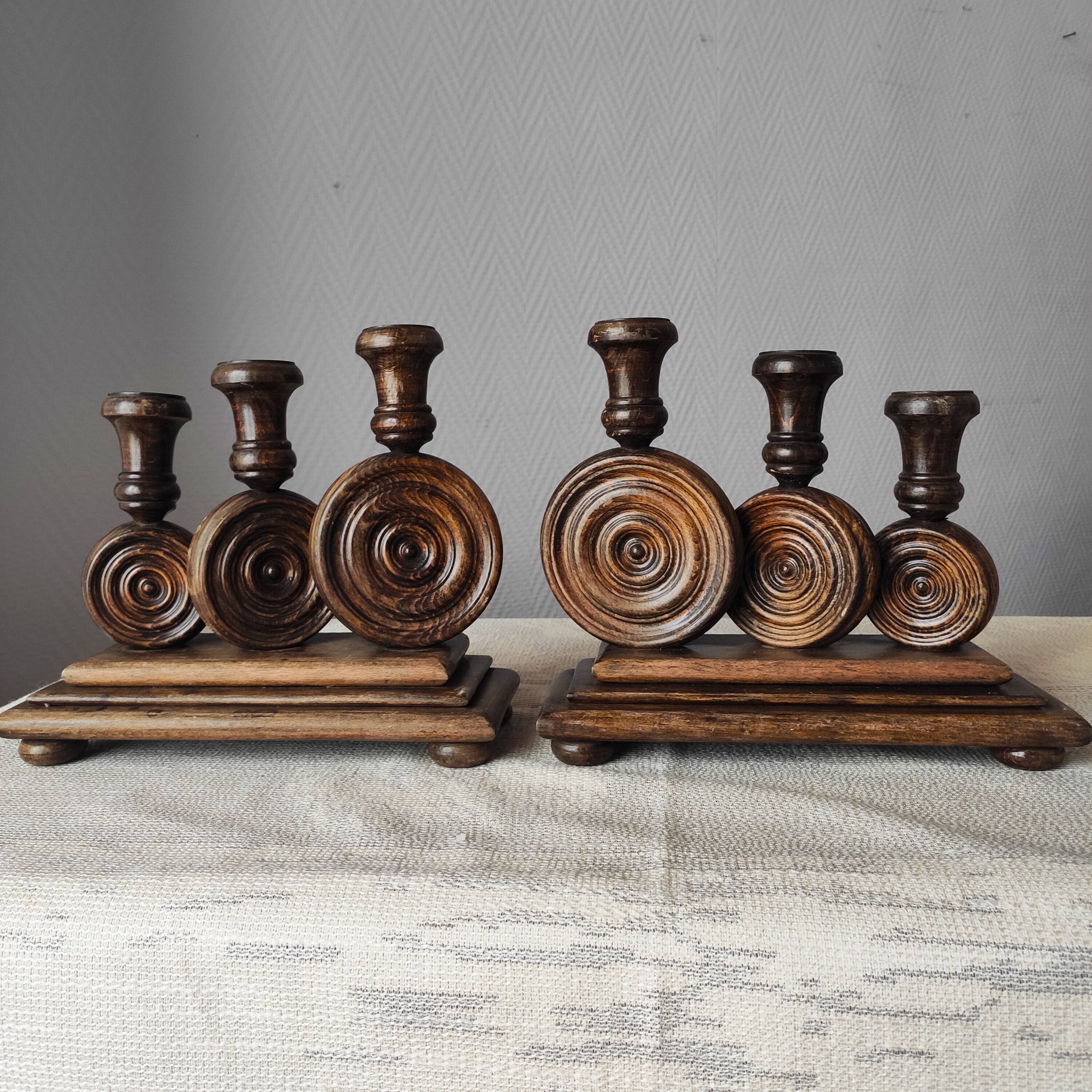 Brutalist turned wood candlestick holders – vintage 50s-60s