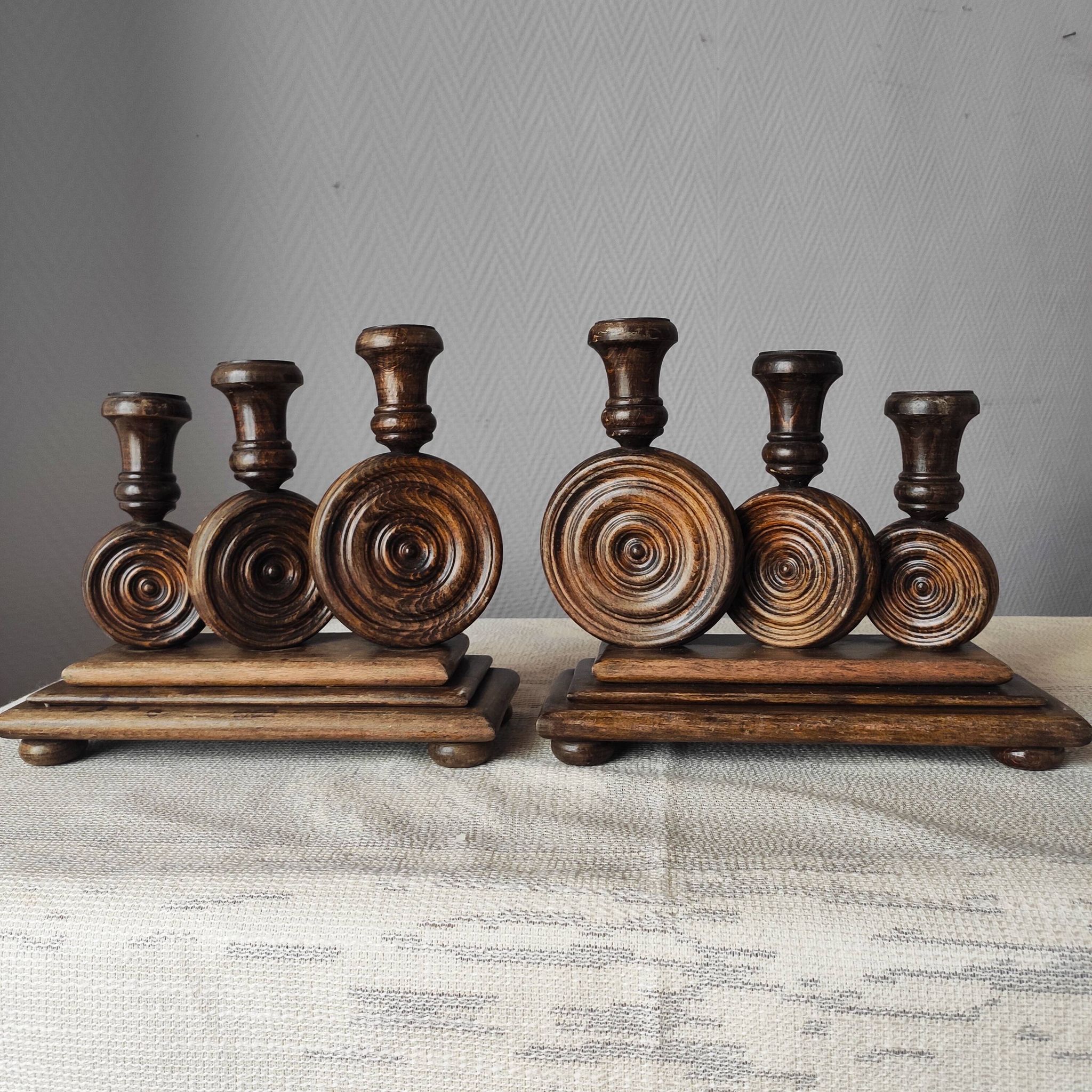 Brutalist turned wood candlestick holders – vintage 50s-60s