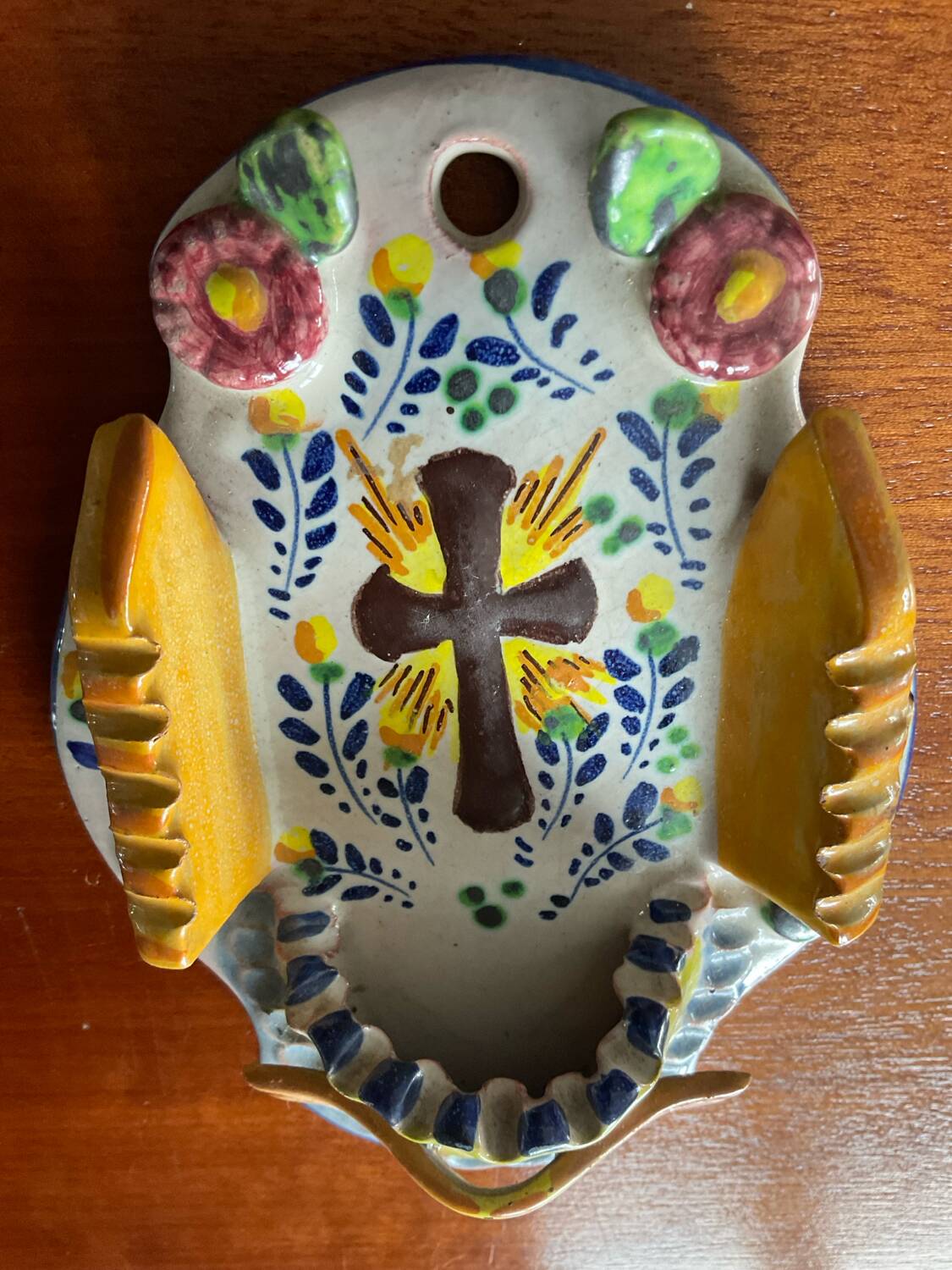 Bénitier vintage en terre cuite émaillée