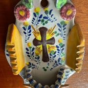 Vintage glazed terracotta holy water font