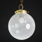 Italian Mid-Century Pendant Light with Optic Spiral Glass Globe and Restore Bras