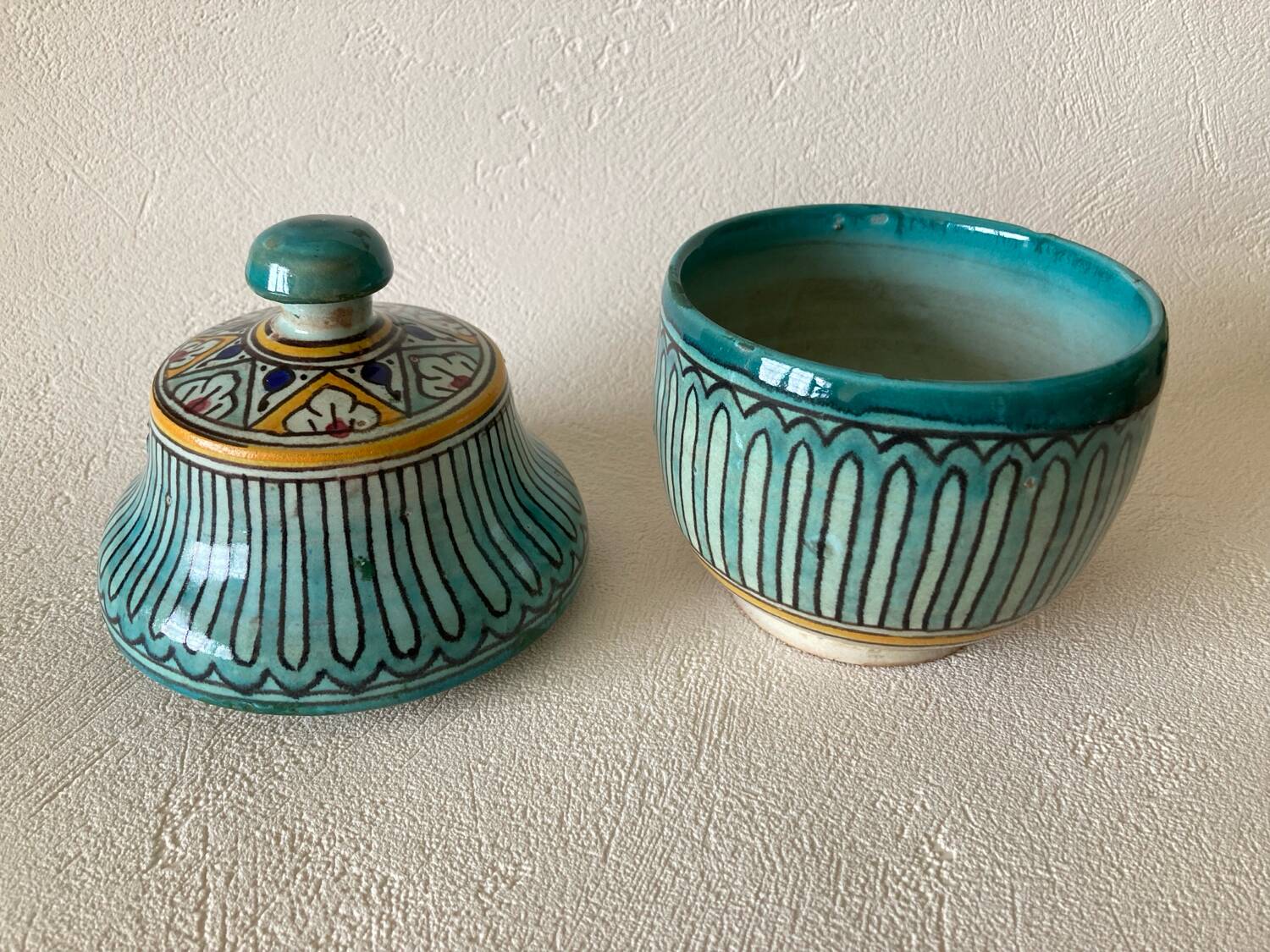 Small butter pot Jobbana Morocco Fez 19th century with centipede and geometric decorations