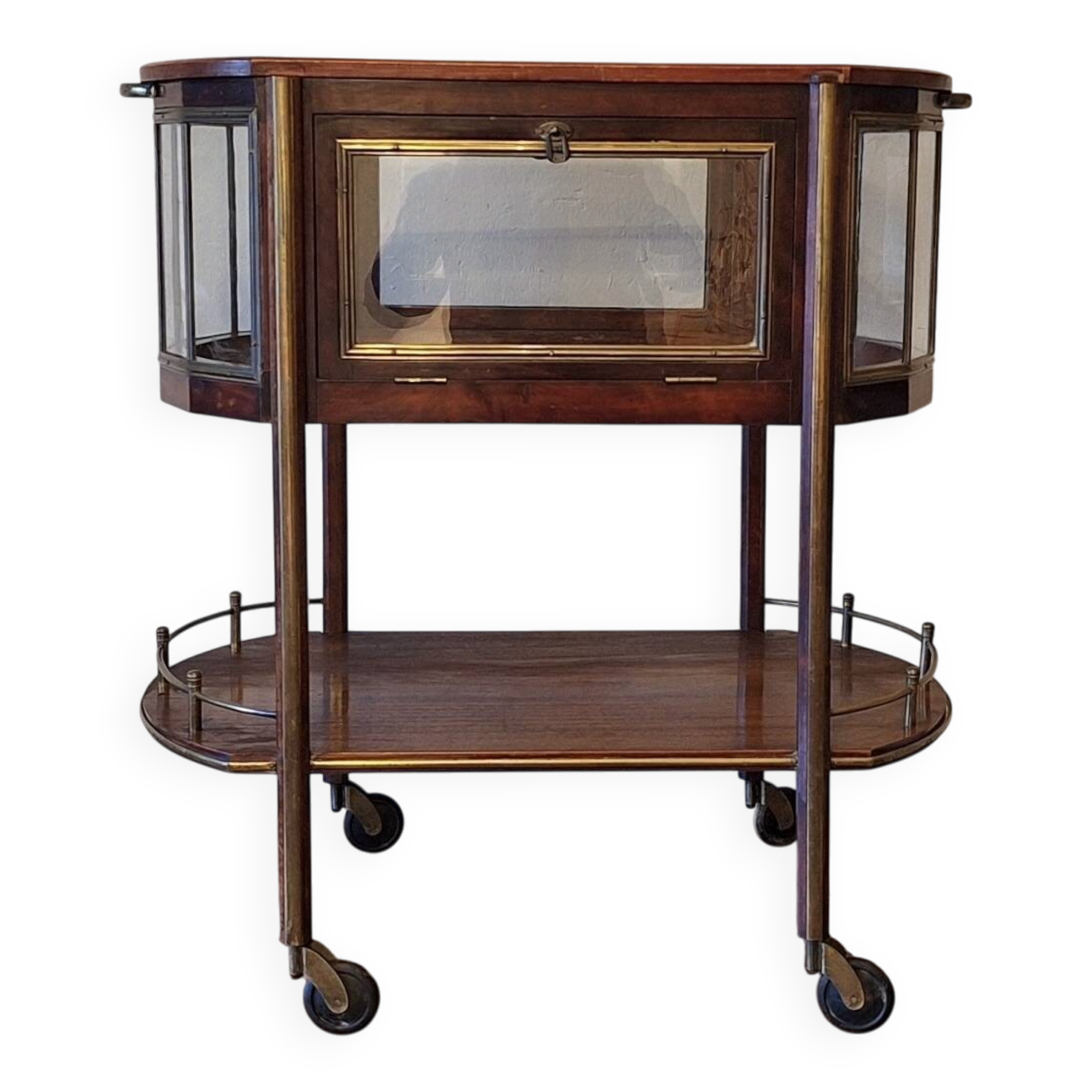 Art Deco service trolley in mahogany, brass, and glass, 1920.