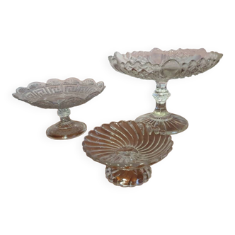 Set of 3 vintage transparent worked glass compote bowls