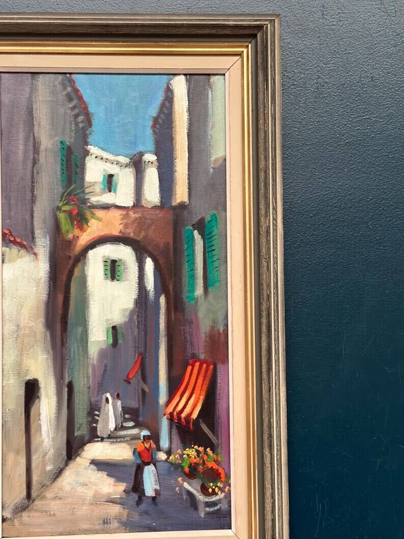 Original Swedish Oil on Canvas – “In the Street” by Unknown Artist – Vintage & Framed