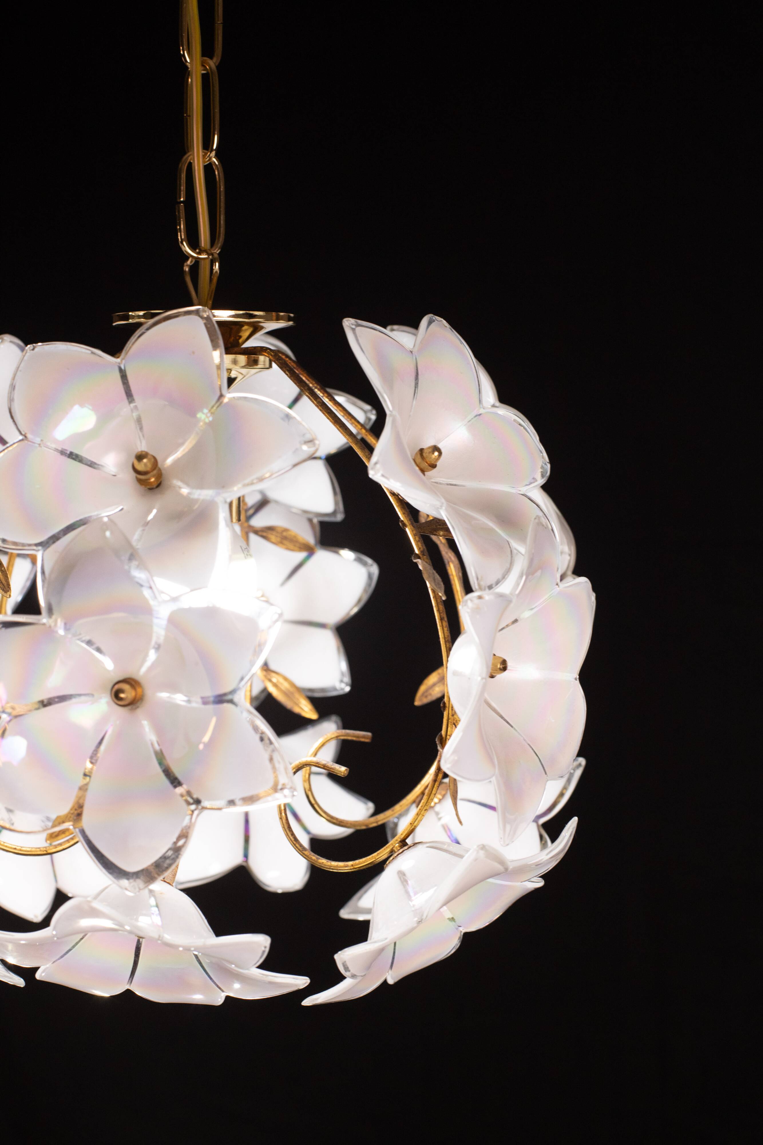 Set of 2 Murano Spherical Chandelier Full of White Flowers, 1980s