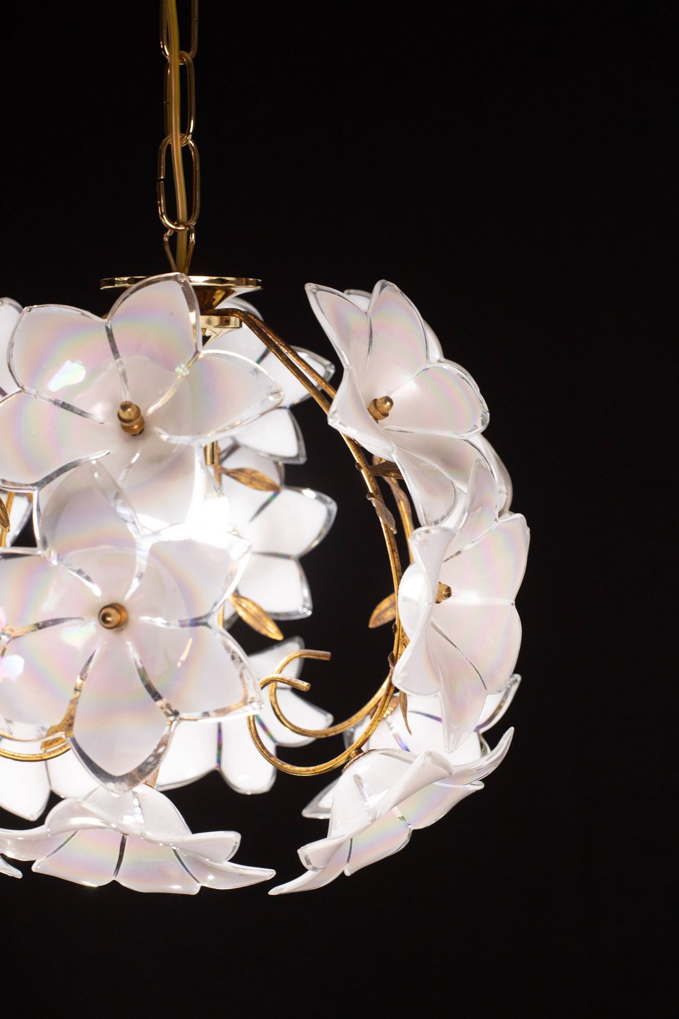 Set of 2 Murano Spherical Chandelier Full of White Flowers, 1980s
