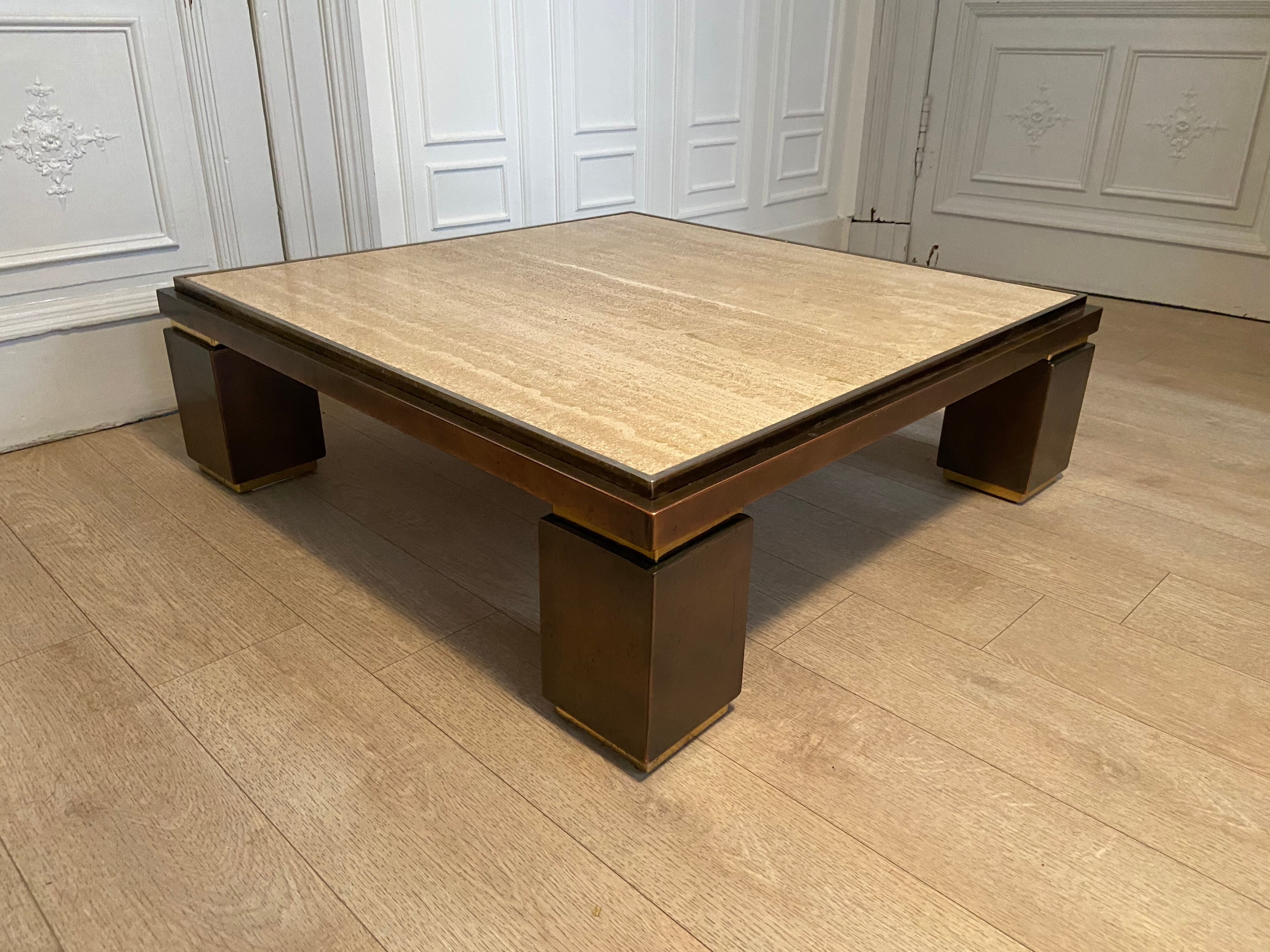 XXL copper brass and travertine square coffee table, Belgo Chrom