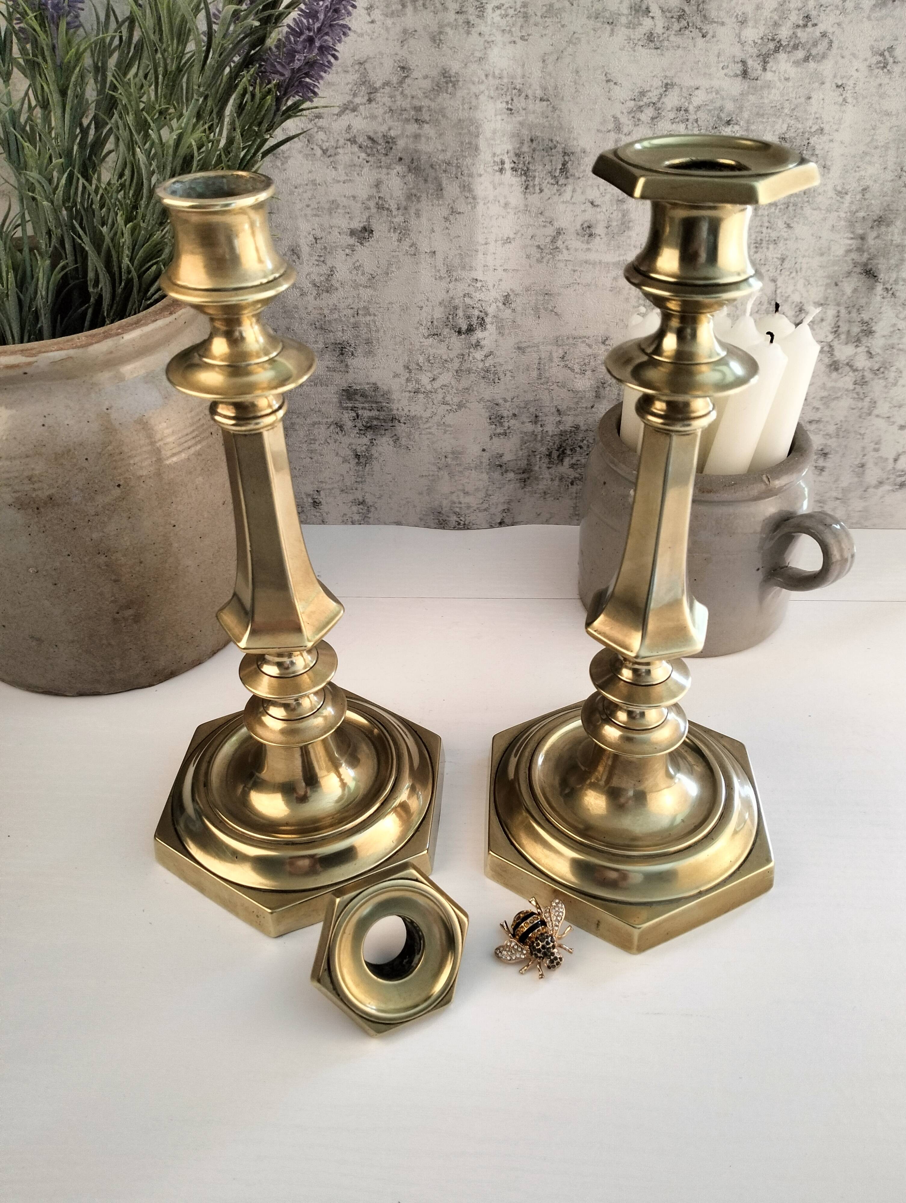 Charming Pair of Victorian Brass Candlesticks with Octagonal Bases - Matching Antique Candle Holders