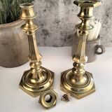 Charming Pair of Victorian Brass Candlesticks with Octagonal Bases - Matching Antique Candle Holders