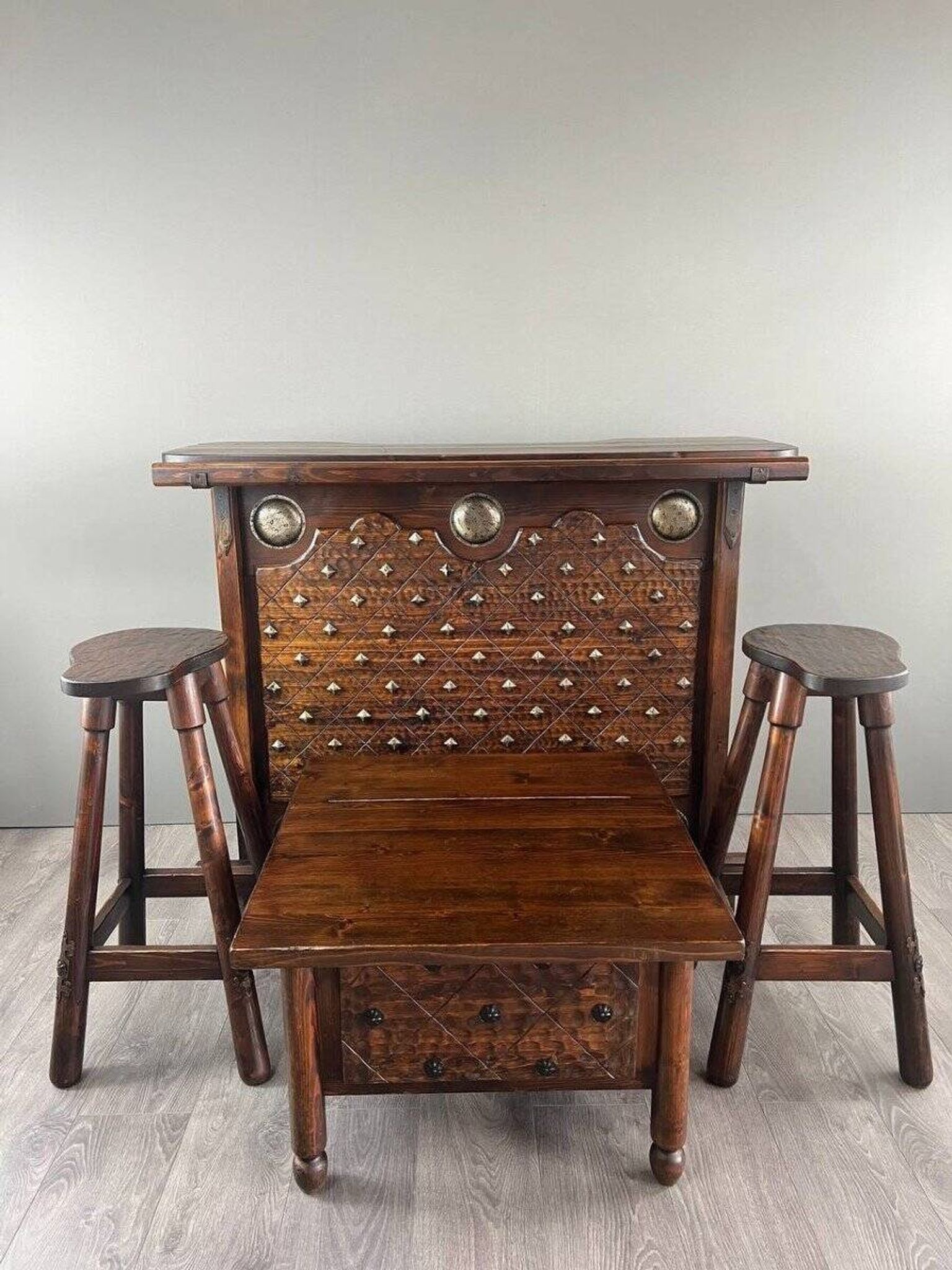 Rustic Carved Wooden Bar with Stools and Wine Chest, 20th Century