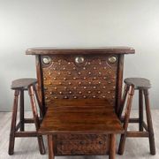 Rustic Carved Wooden Bar with Stools and Wine Chest, 20th Century
