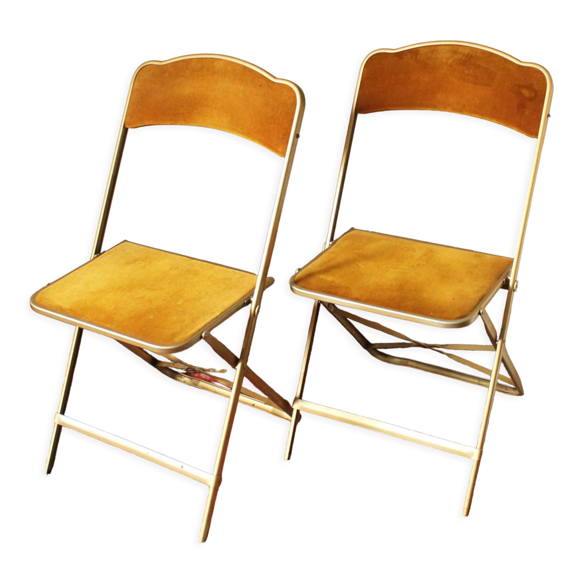 Folding chaisor chairs, gold structure and vintage golden yellow velvet