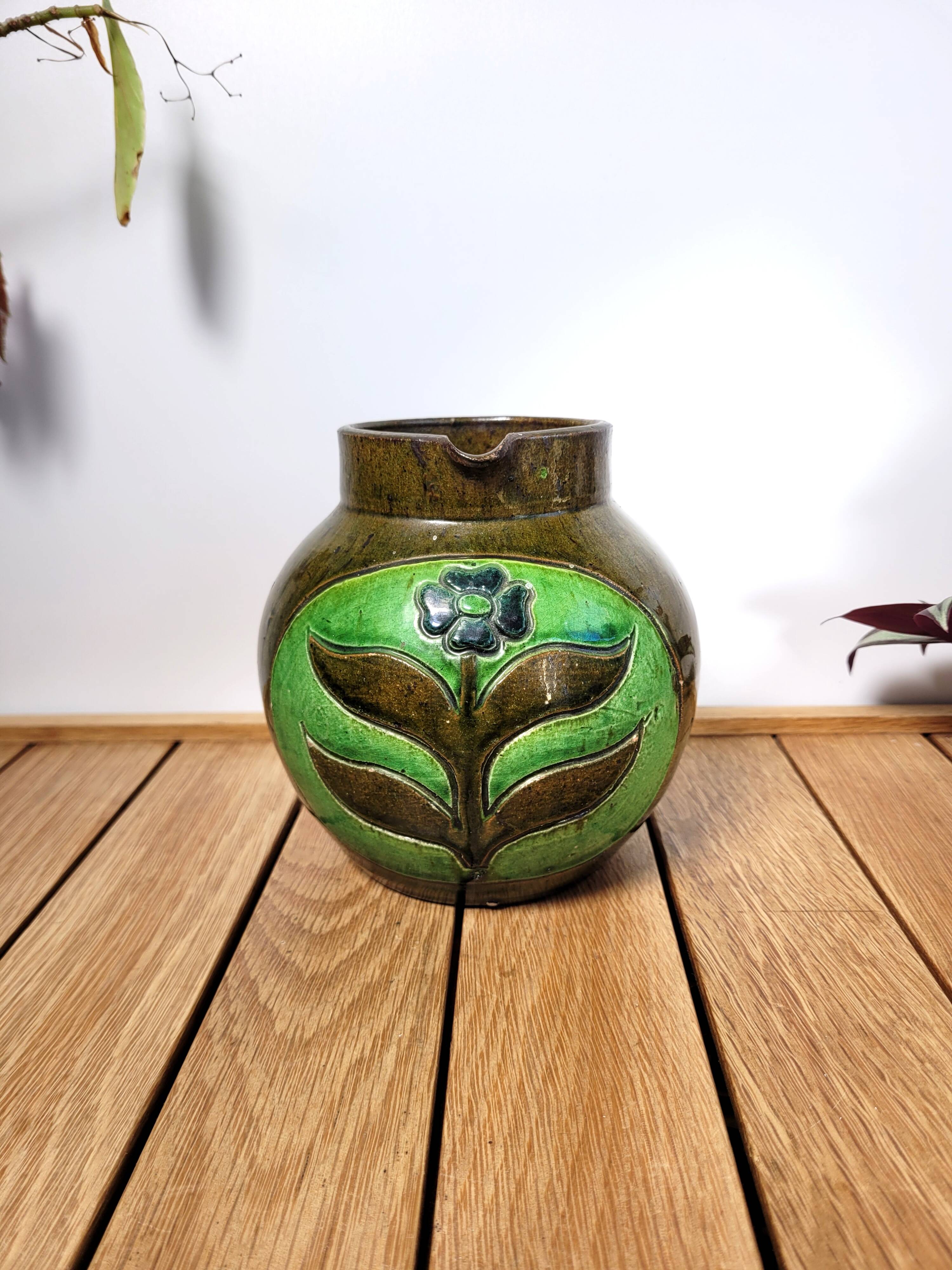 Vintage artisanal flowery ceramic pitcher vase