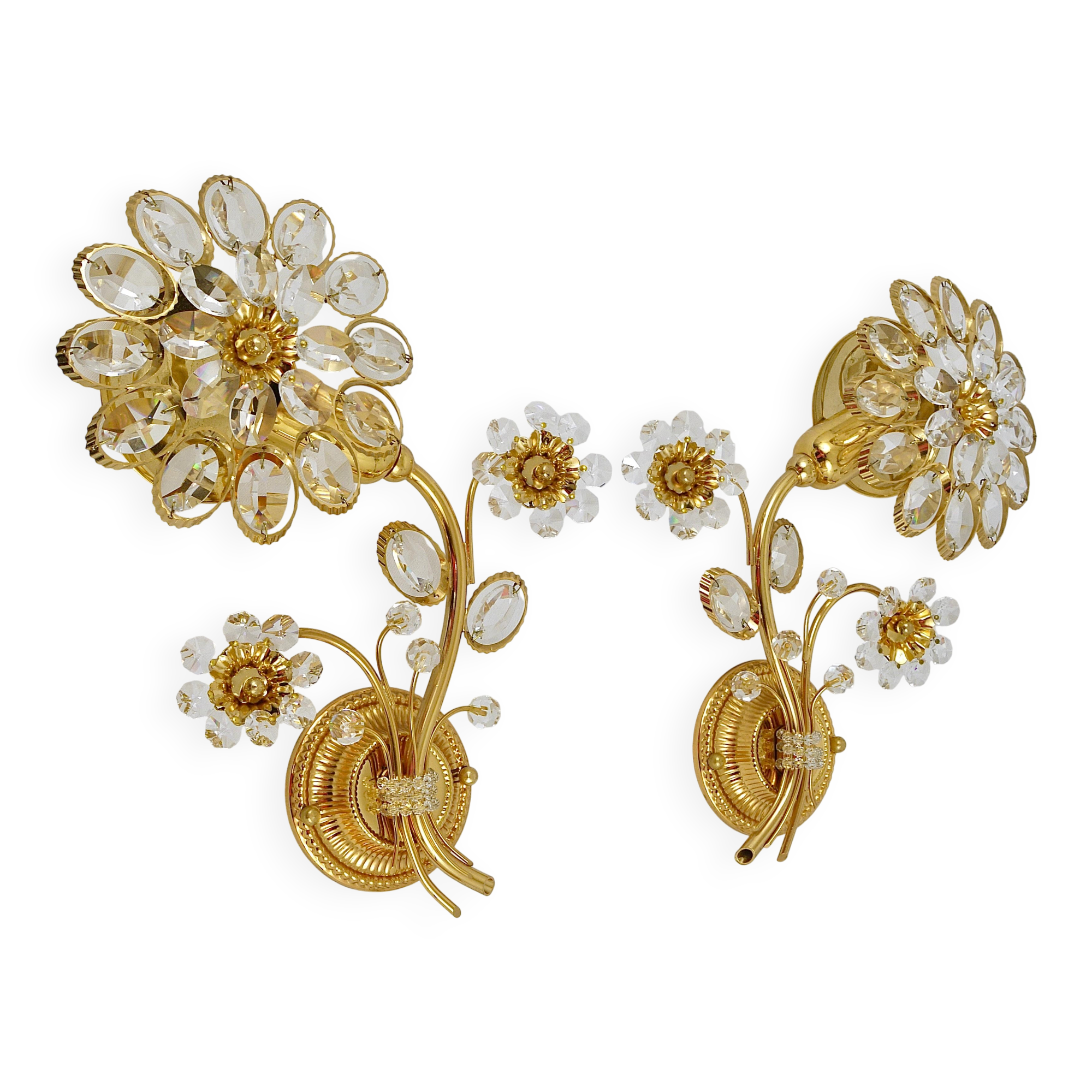 Paire d'appliques murales fleur en cristal laiton doré Ernst Palme, Palwa Allemagne, années 1970