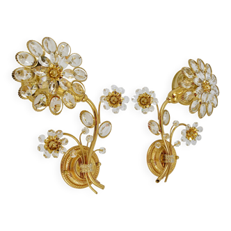 Pair of wall sconces flower in crystal with gilded brass by Ernst Palme, Palwa Germany, 1970s.