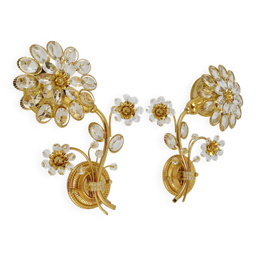 Pair of wall sconces flower in crystal with gilded brass by Ernst Palme, Palwa Germany, 1970s.