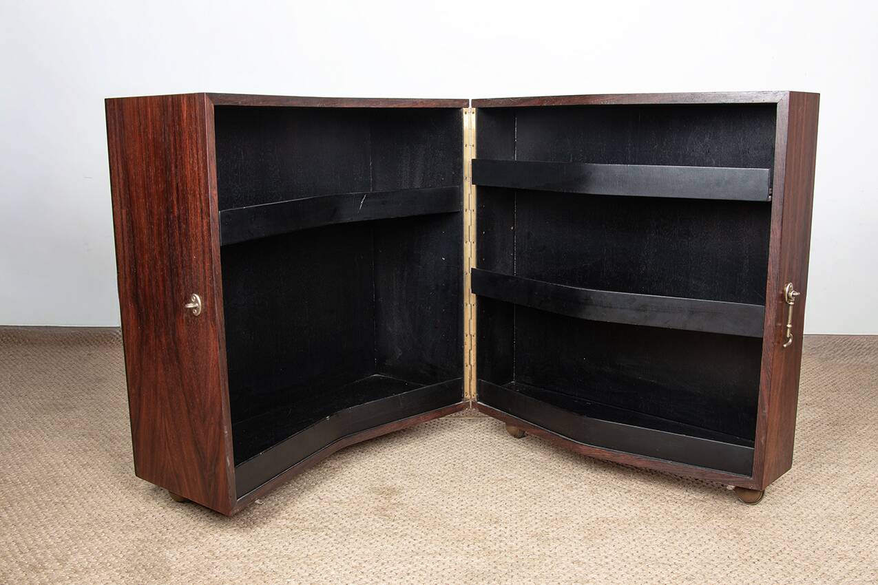 Danish bar cabinet on wheels in rosewood and brass by Jorgen Clausen
