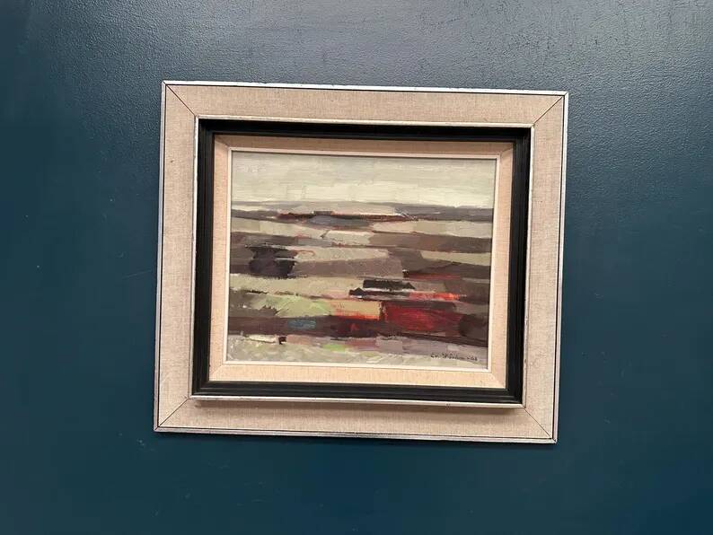 Original Swedish Oil on Panel – “Field Patches” by Evert Färhm (1901–1971) – Signed – 1968 – Vintage & Framed – 61 × 53 cm (24" × 20.9")