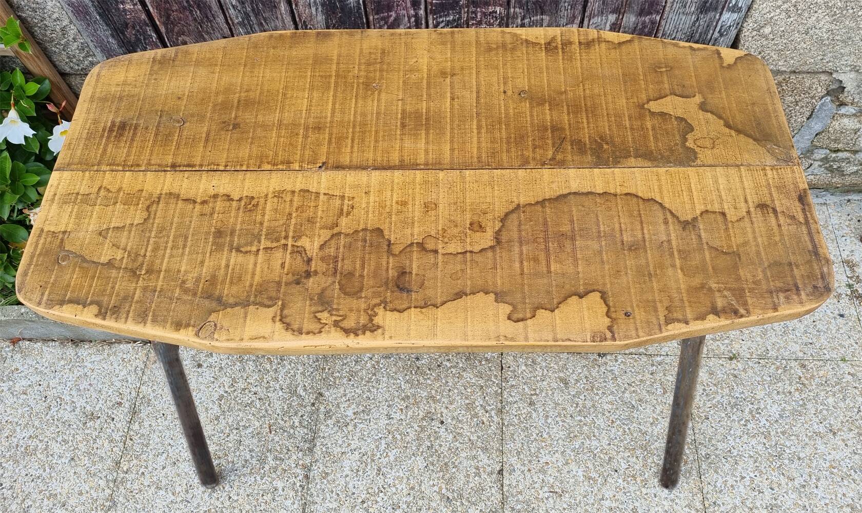 Console, table, raw wood, metal, vintage