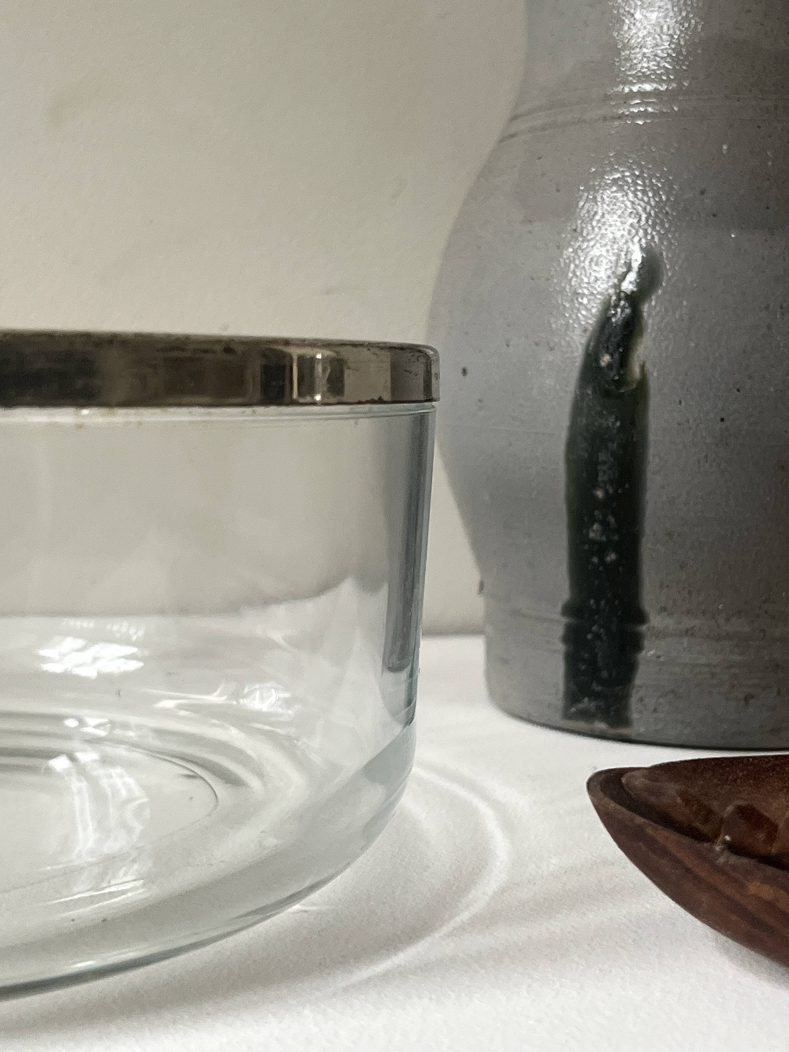 Large glass salad bowl with chrome metal rim, Bormioli Rocco Italy 1970.