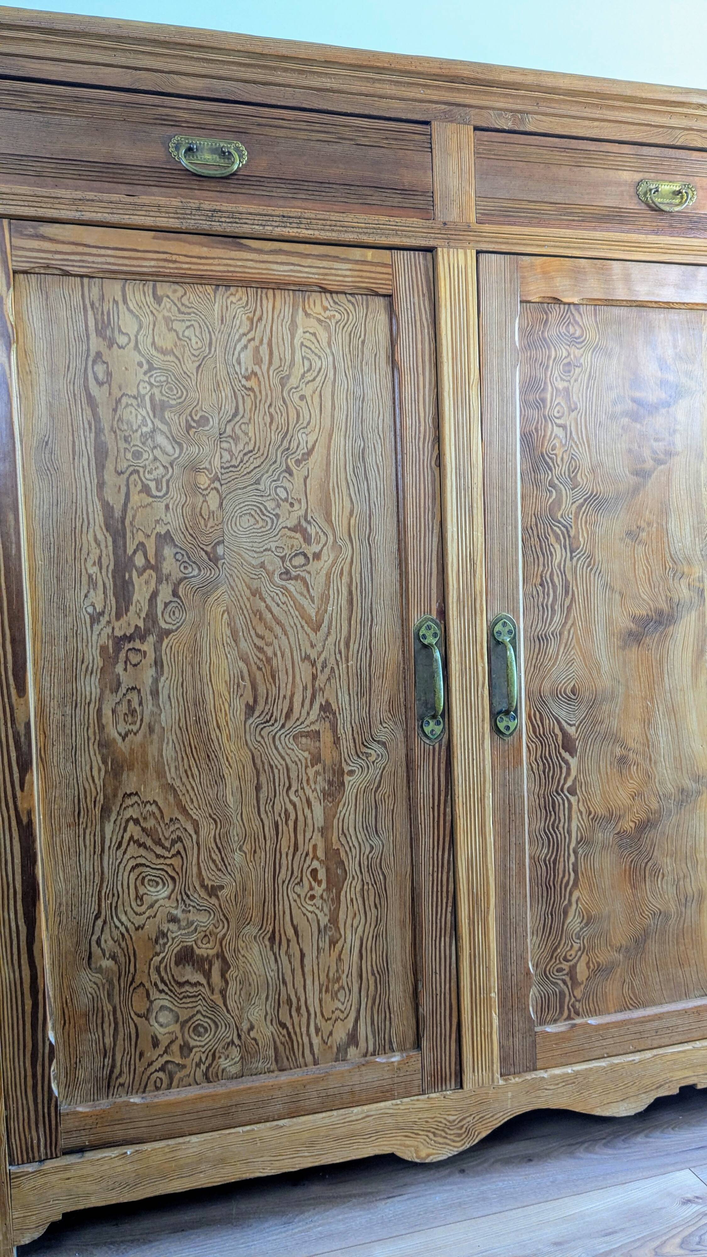 Large solid pitch pine sideboard, 206 x H150 cm, unique piece