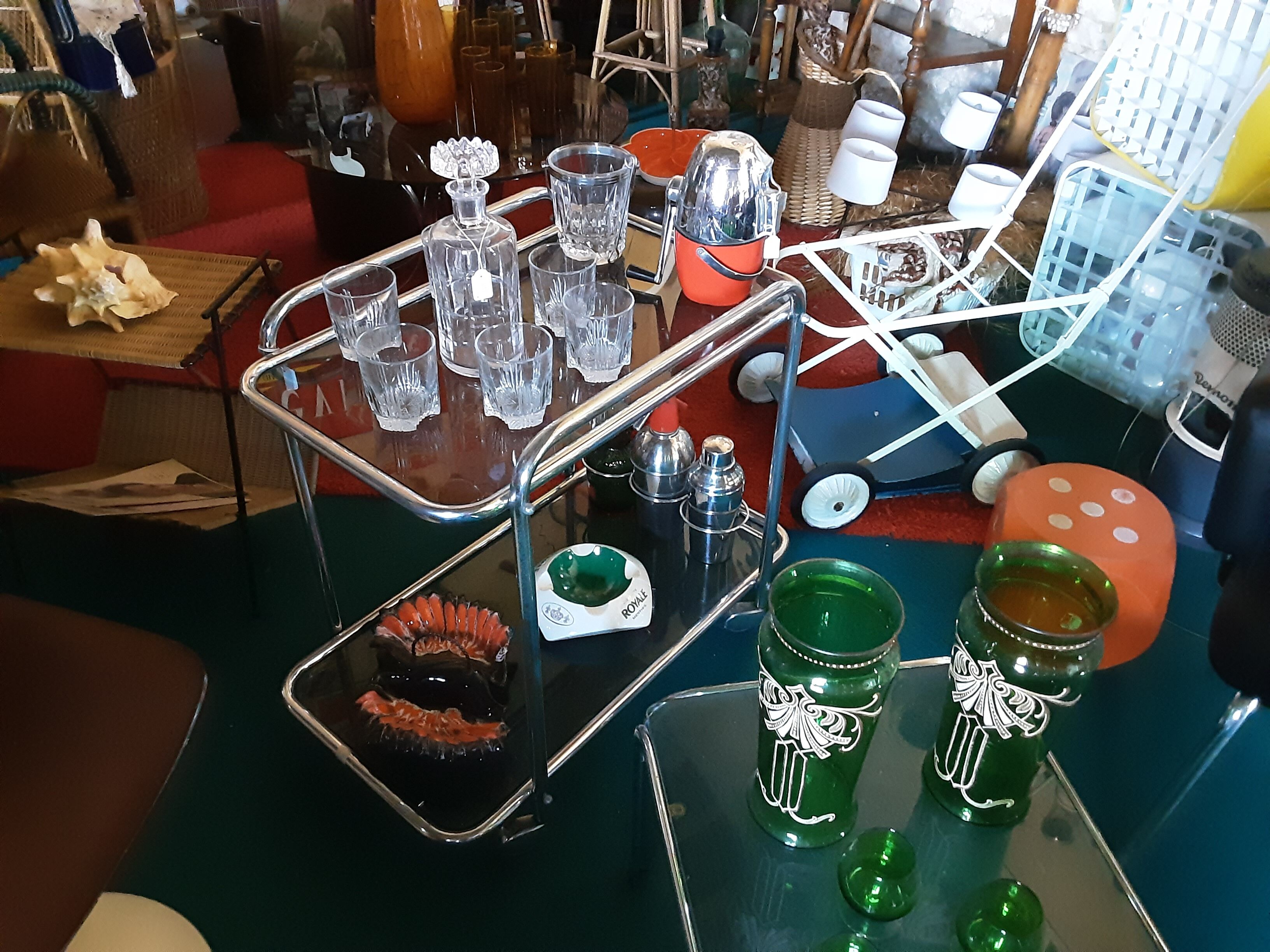 Dessert, bar, glass and chrome on roulette year 70