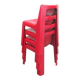 Four red fibreglass chairs from the 1970s.